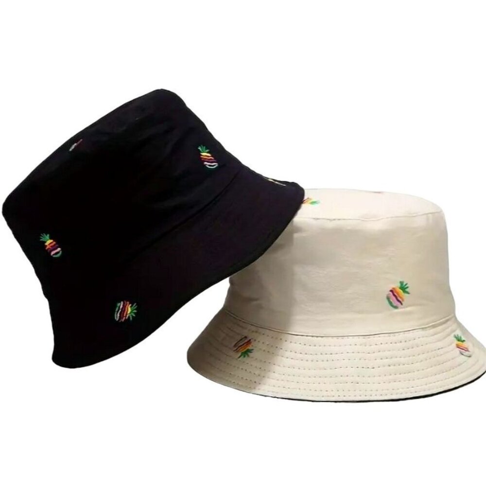 Everlynn Pineapple Embroidered Reversible Bucket Hat Tan Black Gift Packaged - Picture 3 of 9
